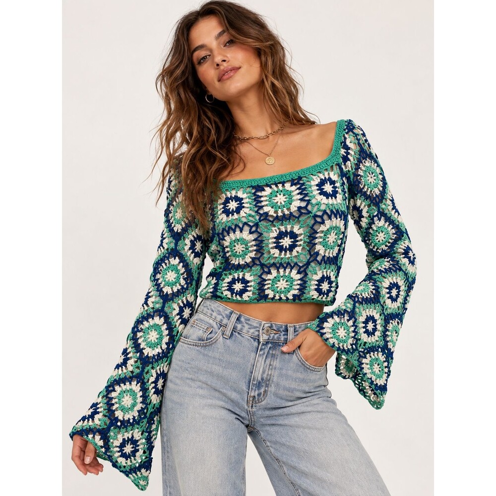 Princess Polly Crochet Crop Top Womens 10 Granny Square Bell Sleeve Boho
